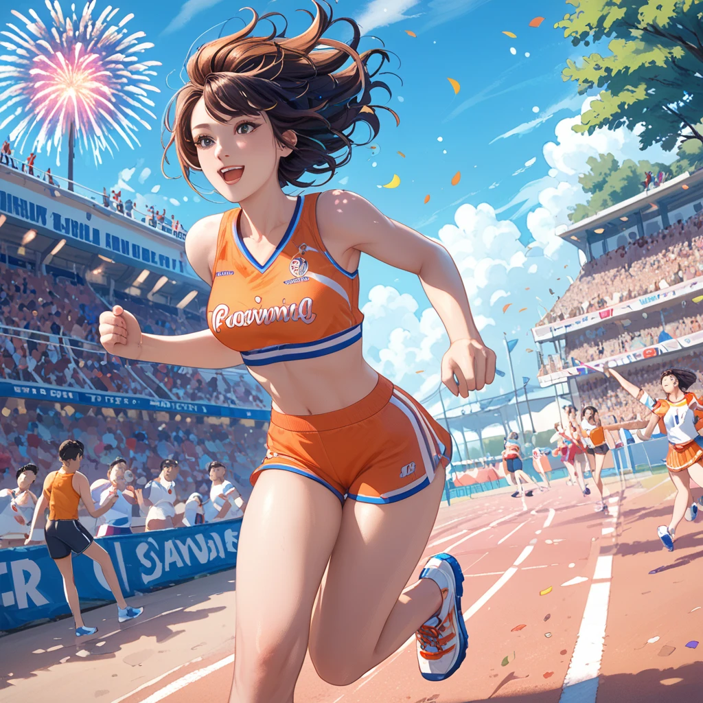 a crowded sports park with white fireworks exploding overhead, autumn sports festival, girls running in a race, wearing colorful running shirts and shorts, some covering their ears from the loud starting gun, spectators and cheerleaders on the sidelines, marching band, vibrant, immersive, sports event