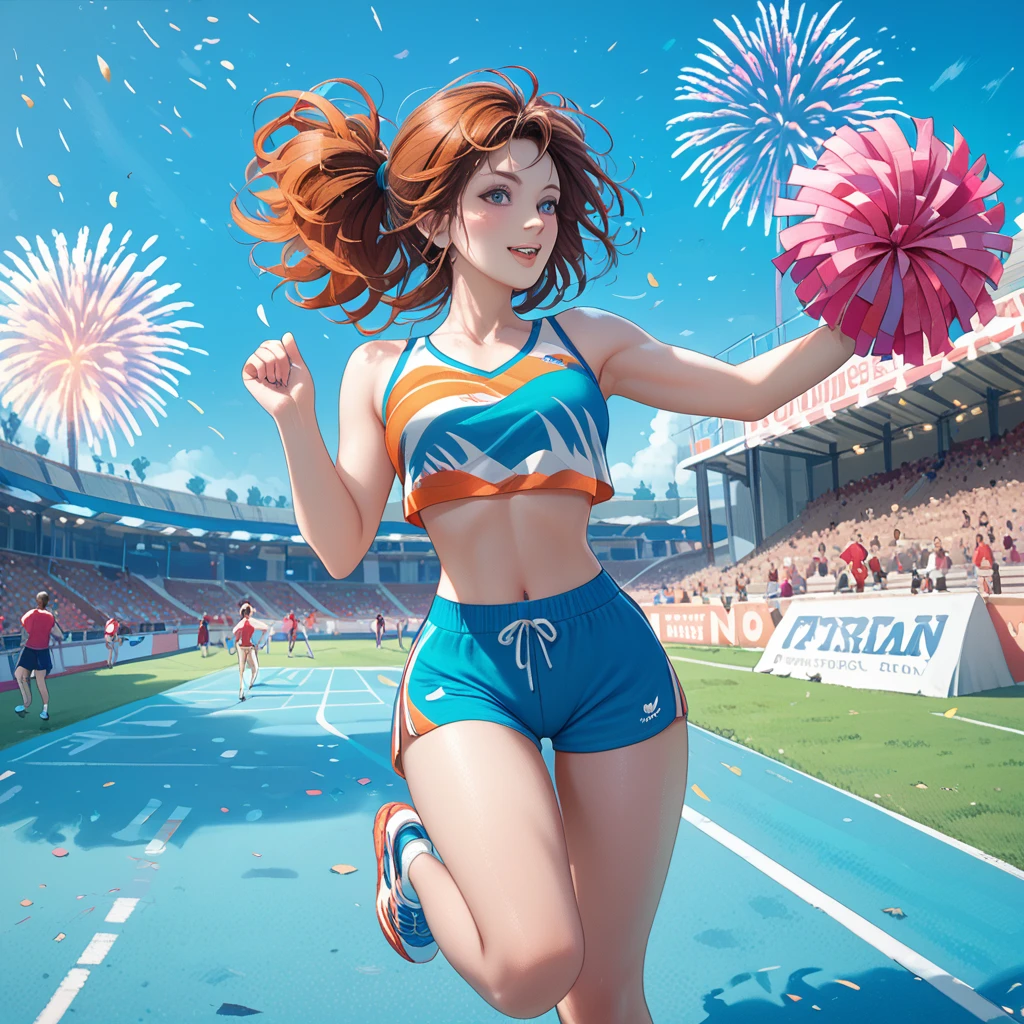 a crowded sports park with white fireworks exploding overhead, autumn sports festival, girls running in a race, wearing colorful running shirts and shorts, some covering their ears from the loud starting gun, spectators and cheerleaders on the sidelines, marching band, vibrant, immersive, sports event