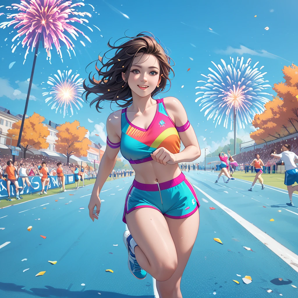 a crowded sports park with white fireworks exploding overhead, autumn sports festival, girls running in a race, wearing colorful running shirts and shorts, some covering their ears from the loud starting gun, spectators and cheerleaders on the sidelines, marching band, vibrant, immersive, sports event