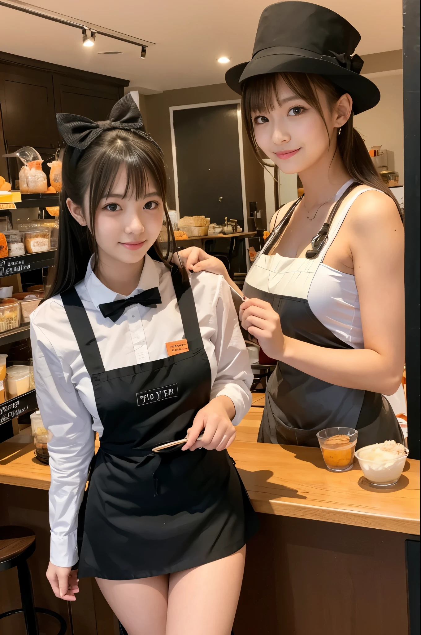 (NSFW:1.30)、masutepiece, Best Quality, hight resolution, 1girl in, (Smile, (Black hair and high twin tails with ribbons),Waitress of a girl in a coffee shop:1.3,Large breasts:1.3,cleavage:1.3,Chest wide open figure:1.2、(Full body:1.3), buttocks fully exposed、Standing,Crowded cafes:1.3,Naked:0.99,(((Girl is naked and small short apron with coffee logo:1.3))),drooping bangs, Looking at Viewer,Photorealistic,(((10 years old with a very young face)),,(huge-breasted:1.1, Big Tits:1.1, Small buttocks,Slender waist:1.1)sneakers、
