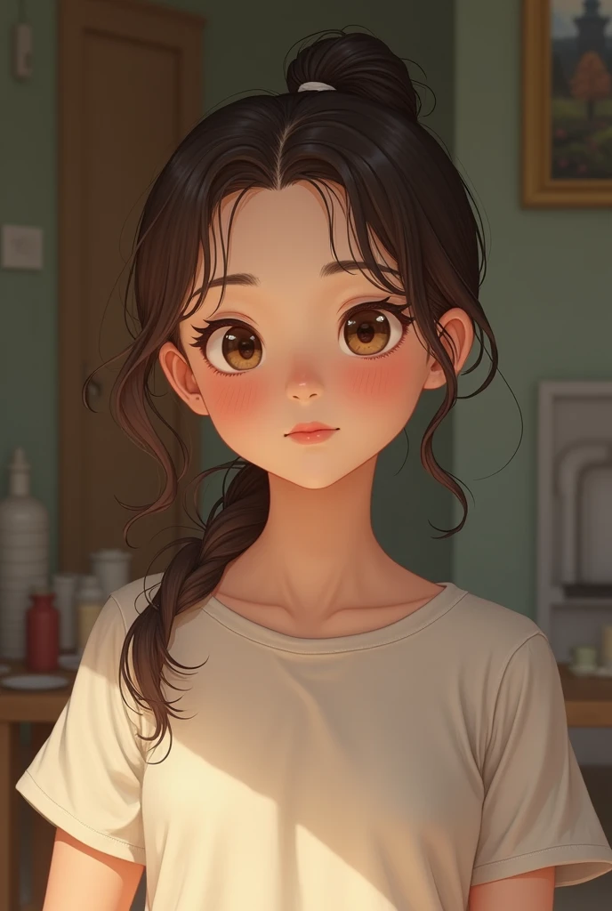 Girl crying mercilessly, wavy hair, room with low light.