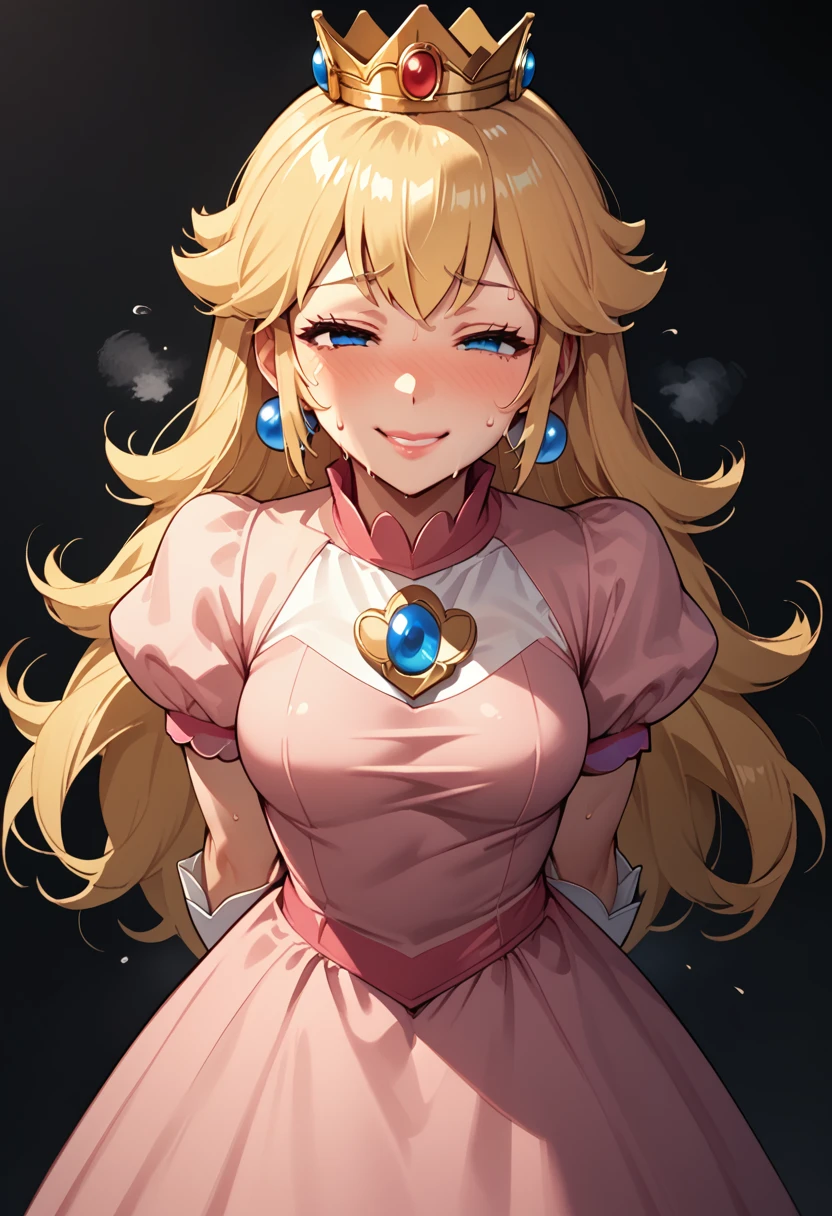 score_9,score_8_up,score_7_up, ntr_face, 1girl, solo, false smile, looking at viewer, standing, sweat, flustered, forced smile, half-closed eyes, arms behind back, simple background, princess_peach, blonde hair, blue eyes, long hair, crown, dress, gem, gloves, pink dress, puffy short sleeves, puffy sleeves, short sleeves, white gloves