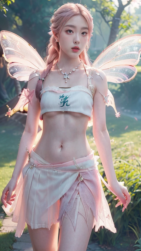 1boy, young male, teen, fairy, innocent face, cute face, youthful face, black eyes, fairy wings, flower fairy wings, pink fairy wings, long hair, green hair, thin body, short, sexy, skimpy, loincloth, flowers, plants on body, plant body, flowers in hair, plant outfit