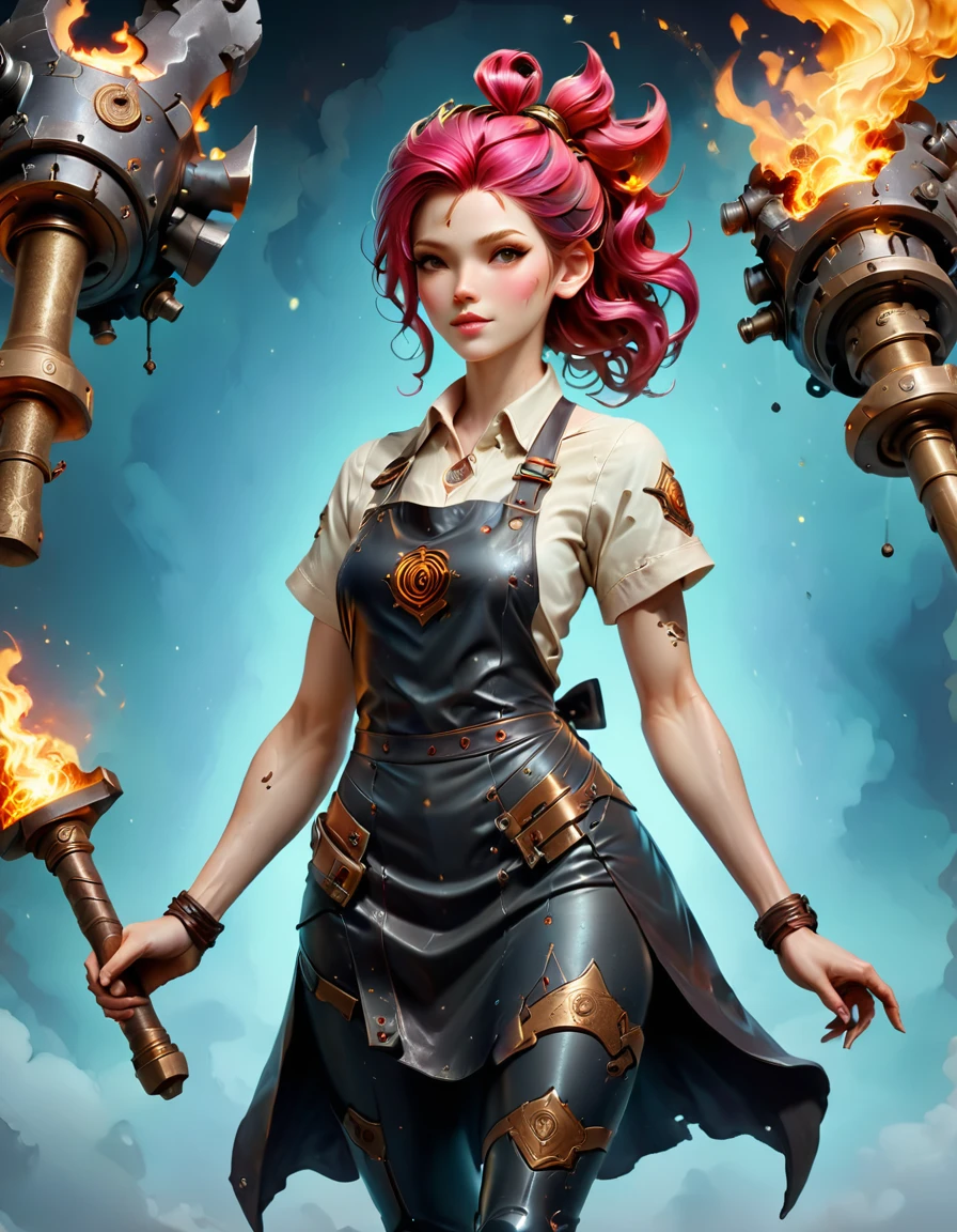 (sfw), (wide angle), 1woman, goddess of the forge, Hephaestus, ((blacksmith woman)), middle-aged woman in her 40s, slim toned physique, ((medium length wavy with crimson roots fading to black tips)), burn scars on chest and arms, (wearing leather apron, apron with glowing symbols), (tight black button up shirt) , (wearing skin tight white leggings), ((swings a huge smithy hammer in one hand, over her head)), smith's hammer is glowing green, she stands at an angelic anvil, (set inside a massive robotic factory:1.37), high resolution, intricately detailed facial features, detailed piercing eyes, refined jawline, masterpiece, 8k, ((hyper realistic)), 3/4 profile view, cinematic lighting, dramatic shadows, warm color tones, intricate details, hyper-detailed, battle hammer, hyperkraximalism, perfection style, spl1th41r, two tone hair, starbuni 