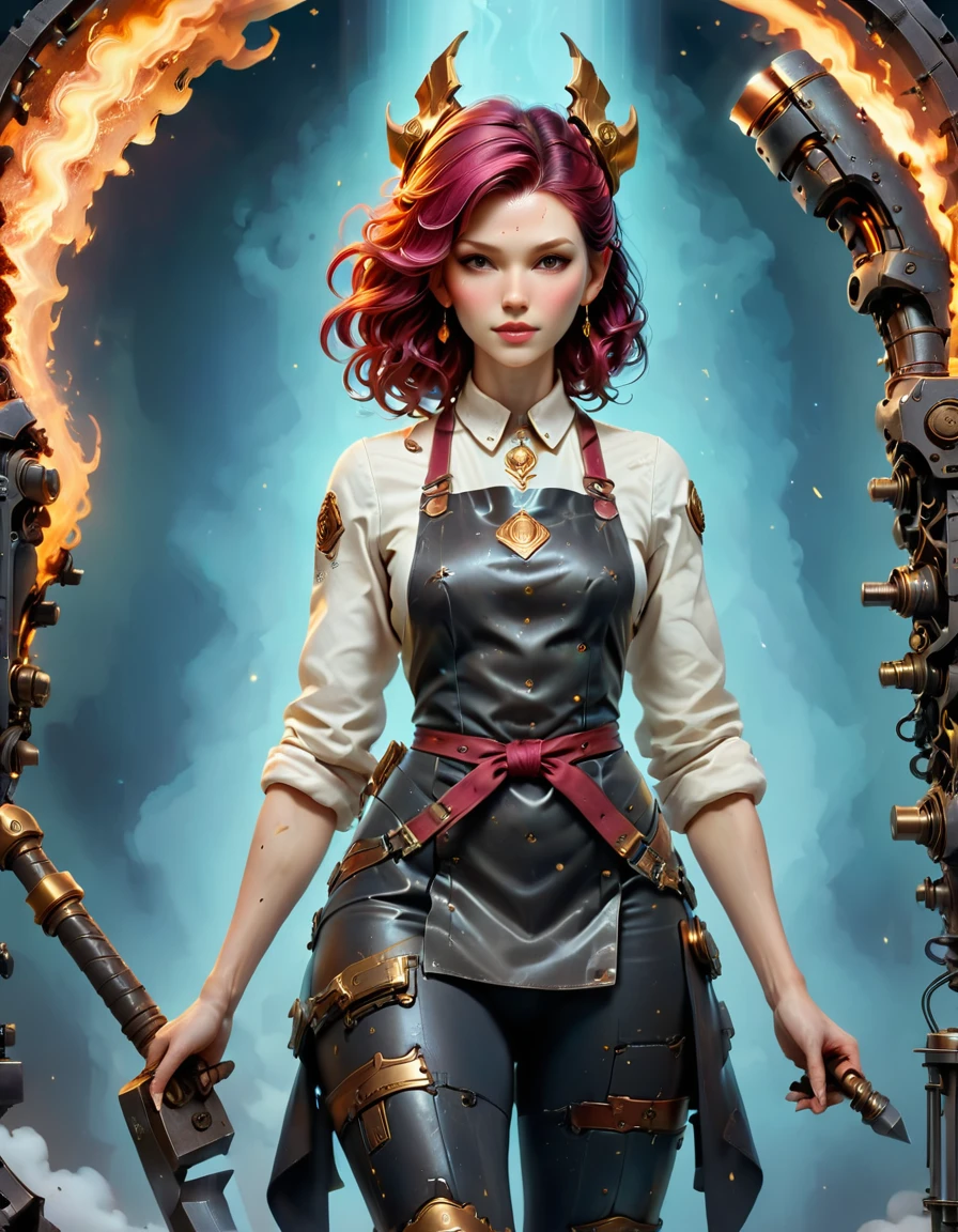 (sfw), (wide angle), 1woman, goddess of the forge, Hephaestus, ((blacksmith woman)), middle-aged woman in her 40s, slim toned physique, ((medium length wavy with crimson roots fading to black tips)), burn scars on chest and arms, (wearing leather apron, apron with glowing symbols), (tight black button up shirt) , (wearing skin tight white leggings), ((swings a huge smithy hammer in one hand, over her head)), smith's hammer is glowing green, she stands at an angelic anvil, (set inside a massive robotic factory:1.37), high resolution, intricately detailed facial features, detailed piercing eyes, refined jawline, masterpiece, 8k, ((hyper realistic)), 3/4 profile view, cinematic lighting, dramatic shadows, warm color tones, intricate details, hyper-detailed, battle hammer, hyperkraximalism, perfection style, spl1th41r, two tone hair, starbuni 