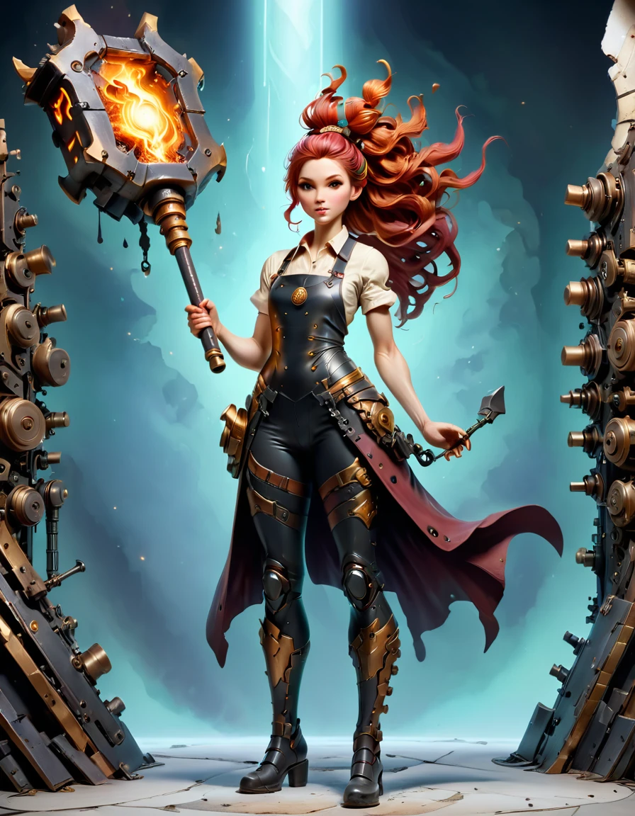 (sfw), (wide angle), 1woman, goddess of the forge, Hephaestus, ((blacksmith woman)), middle-aged woman in her 40s, slim toned physique, ((medium length wavy with crimson roots fading to black tips)), burn scars on chest and arms, (wearing leather apron, apron with glowing symbols), (tight black button up shirt) , (wearing skin tight white leggings), ((swings a huge smithy hammer in one hand, over her head)), smith's hammer is glowing green, she stands at an angelic anvil, (set inside a massive robotic factory:1.37), high resolution, intricately detailed facial features, detailed piercing eyes, refined jawline, masterpiece, 8k, ((hyper realistic)), 3/4 profile view, cinematic lighting, dramatic shadows, warm color tones, intricate details, hyper-detailed, battle hammer, hyperkraximalism, perfection style, spl1th41r, two tone hair, starbuni 