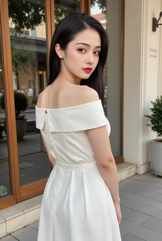 photography, Model photo shoot, Perfect body, Hips, Shot from behind, Denim shot of a beautiful Asian woman wearing a white off-shoulder shirt and white skirt standing outside a cafe, She is posing, She wears beautiful lipstick, Outdoor