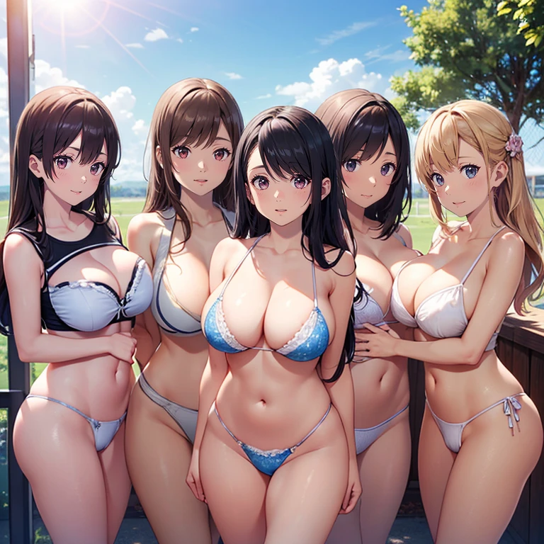 ((highest quality)), ((masterpiece)), (8K), perfect face, smile、open your mouth and smile、close ~ eye、embarrassed look、strong light、shining sun、group shot、abs、precision small needle, four women are posing for a camera outdoors in the water, ((topless)), (small chest)、((Completely naked)), nipple are visible、nippleが丸見えです、multiple girls, nipple, chest, realistic, ((4 girls)), 10 years old, 9 years old, 8--old, 7 years old, ((No panties)), Pussy, brown hair, blonde, belly button, jewelry, looking at the viewer, necklace, topless, water, , Wet, long hair, short hair, 