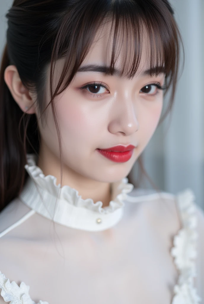 A close-up shot of a young Asian woman with dark brown eyes and dark brown hair. She is dressed in a white dress with a white blouse that has a ruffled collar. The background is blurred, but it is out of focus. The woman's lips are a vibrant shade of red. Her eyebrows are a darker shade of brown. She has a slight smile on her face, adding a pop of color to her face.