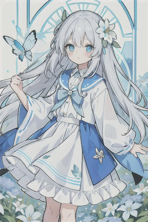 ・Watercolor・White Hair、Very long hair, light blue left eye、Grey right eye, flower-shaped pupil, loose-fitting blouse, light blue cardigan, light blue skirt, grey ribbon on collar, young girl, cute, docile, light blue flower field, light blue bouquet, light blue butterfly, soft light, best quality