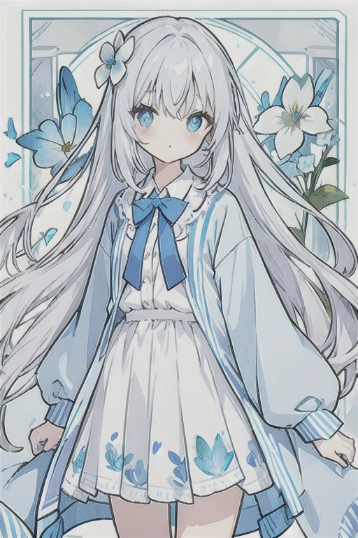 ・Watercolor・White Hair、Very long hair, light blue left eye、Grey right eye, flower-shaped pupil, loose-fitting blouse, light blue cardigan, light blue skirt, grey ribbon on collar, young girl, cute, docile, light blue flower field, light blue bouquet, light blue butterfly, soft light, best quality