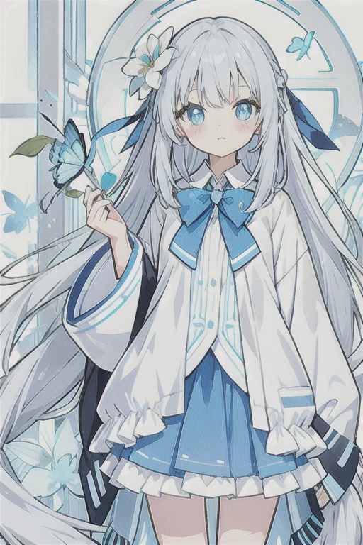 ・Watercolor・White Hair、Very long hair, light blue left eye、Grey right eye, flower-shaped pupil, loose-fitting blouse, light blue cardigan, light blue skirt, grey ribbon on collar, young girl, cute, docile, light blue flower field, light blue bouquet, light blue butterfly, soft light, best quality