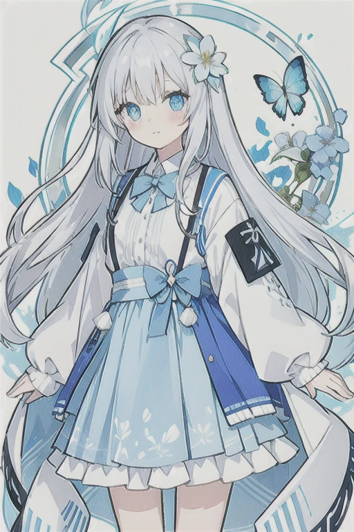 ・Watercolor・White Hair、Very long hair, light blue left eye、Grey right eye, flower-shaped pupil, loose-fitting blouse, light blue cardigan, light blue skirt, grey ribbon on collar, young girl, cute, docile, light blue flower field, light blue bouquet, light blue butterfly, soft light, best quality