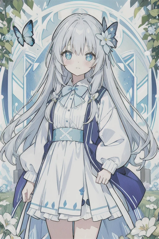 ・Watercolor・White Hair、Very long hair, light blue left eye、Grey right eye, flower-shaped pupil, loose-fitting blouse, light blue cardigan, light blue skirt, grey ribbon on collar, young girl, cute, docile, light blue flower field, light blue bouquet, light blue butterfly, soft light, best quality