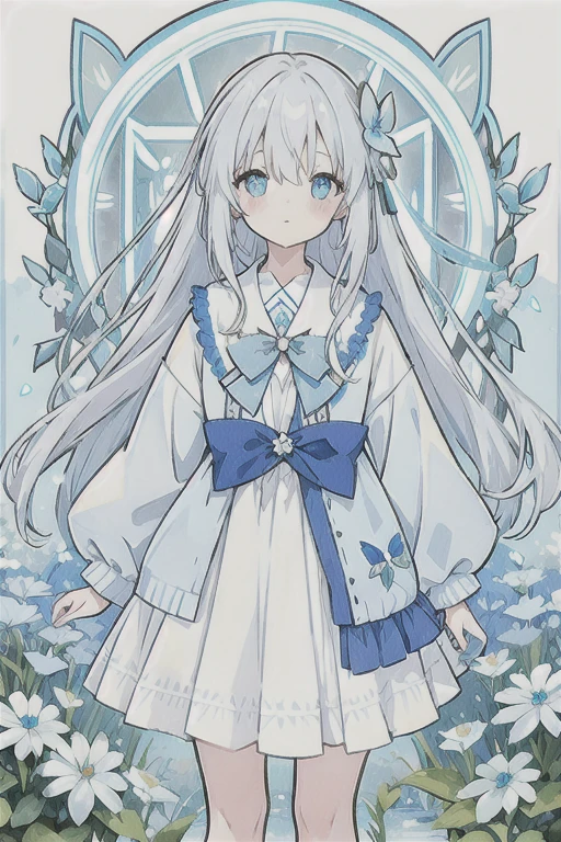 ・Watercolor・White Hair、Very long hair, light blue left eye、Grey right eye, flower-shaped pupil, loose-fitting blouse, light blue cardigan, light blue skirt, grey ribbon on collar, young girl, cute, docile, light blue flower field, light blue bouquet, light blue butterfly, soft light, best quality