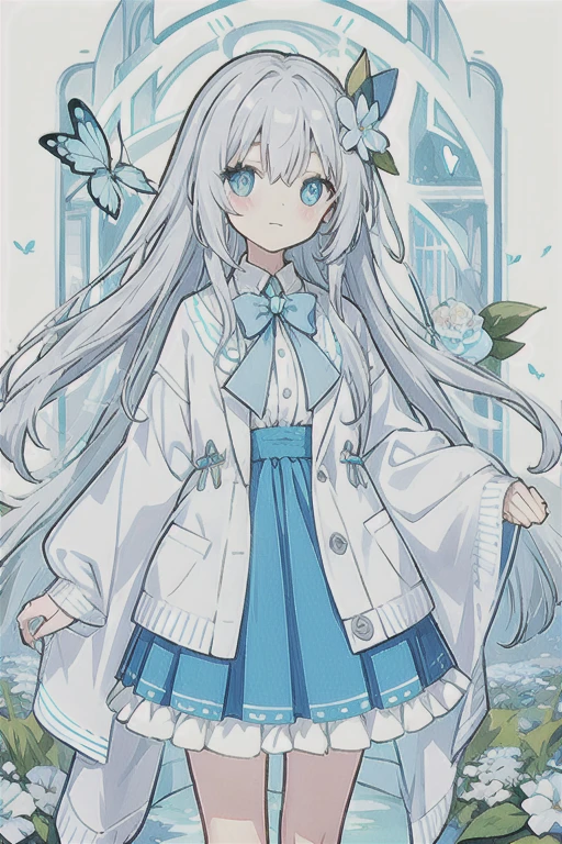 ・Watercolor・White Hair、Very long hair, light blue left eye、Grey right eye, flower-shaped pupil, loose-fitting blouse, light blue cardigan, light blue skirt, grey ribbon on collar, young girl, cute, docile, light blue flower field, light blue bouquet, light blue butterfly, soft light, best quality