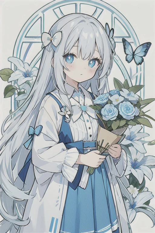 ・Watercolor・White Hair、Very long hair, light blue left eye、Grey right eye, flower-shaped pupil, loose-fitting blouse, light blue cardigan, light blue skirt, grey ribbon on collar, young girl, cute, docile, light blue flower field, light blue bouquet, light blue butterfly, soft light, best quality