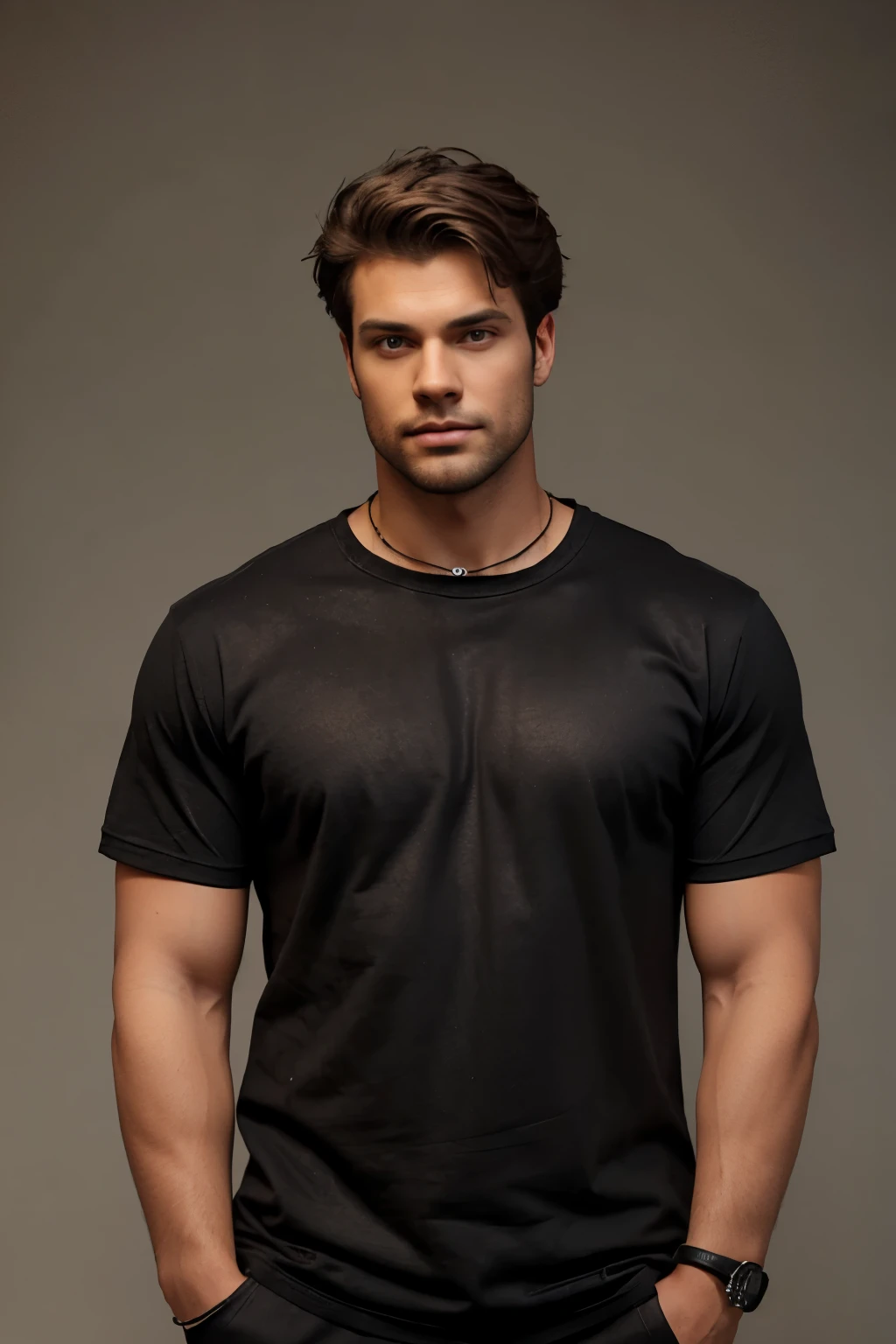 The model is approximately 185-190 cm tall, with a chest circumference of approximately 110-115 cm and a shoulder width of 50-55 cm. He is wearing a vintage washed black oversized T-shirt, size 2XL, with visible seams at the cuffs, collar and hem, and a rough, distressed texture.The model's posture is casual and powerful, with his arms hanging naturally on both sides of the body, the front of the T-shirt exposed, the model's expression is serious, and the overall atmosphere is simple, focusing all the focus on the design and texture of the T-shirt.
