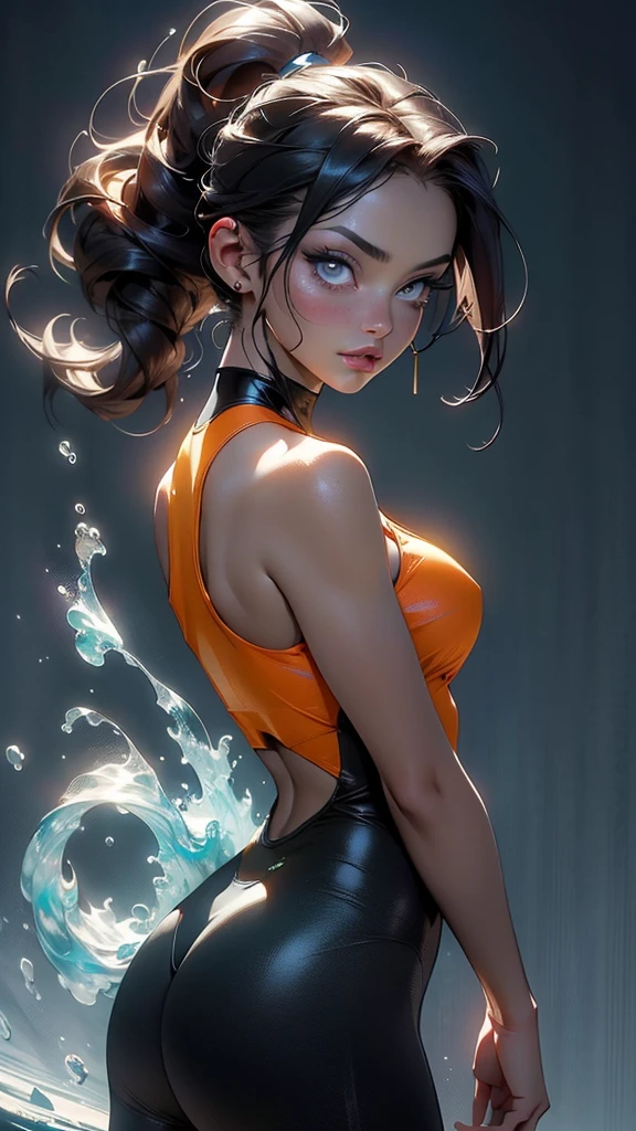 ((best quality)), ((masterpiece)), (detailed), 1girl, standing on a rock, black ink flow, splash ink background, upper body, wide shot