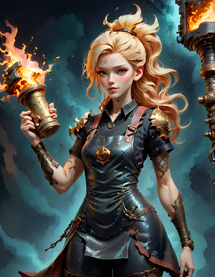 (sfw), (wide angle), 1woman, goddess of the forge, Hephaestus, ((blacksmith woman)), middle-aged woman in her 40s, slim toned physique, ((medium length wavy with crimson roots fading to black tips)), burn scars on chest and arms, (wearing leather apron, apron with glowing symbols), (tight black button up shirt) , (wearing skin tight white leggings), ((swings a huge smithy hammer in one hand, over her head)), smith's hammer is glowing green, she stands at an angelic anvil, (set inside a massive robotic factory:1.37), high resolution, intricately detailed facial features, detailed piercing eyes, refined jawline, masterpiece, 8k, ((hyper realistic)), 3/4 profile view, cinematic lighting, dramatic shadows, warm color tones, intricate details, hyper-detailed, battle hammer, hyperkraximalism, perfection style, spl1th41r, two tone hair, starbuni 