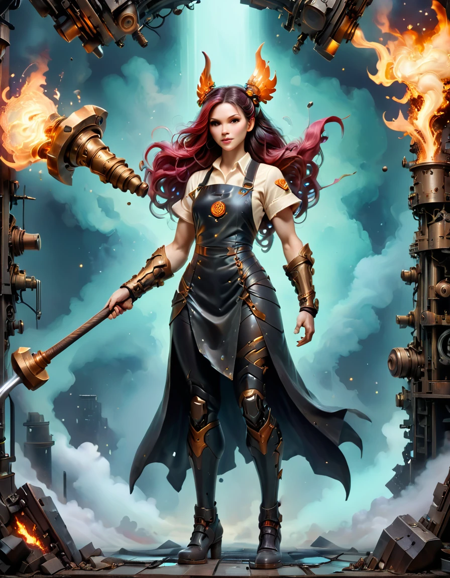 (sfw), (wide angle), 1woman, goddess of the forge, Hephaestus, ((blacksmith woman)), middle-aged woman in her 40s, slim toned physique, ((medium length wavy with crimson roots fading to black tips)), burn scars on chest and arms, (wearing leather apron, apron with glowing symbols), (tight black button up shirt) , (wearing skin tight white leggings), ((swings a huge smithy hammer in one hand, over her head)), smith's hammer is glowing green, she stands at an angelic anvil, (set inside a massive robotic factory:1.37), high resolution, intricately detailed facial features, detailed piercing eyes, refined jawline, masterpiece, 8k, ((hyper realistic)), 3/4 profile view, cinematic lighting, dramatic shadows, warm color tones, intricate details, hyper-detailed, battle hammer, hyperkraximalism, perfection style, spl1th41r, two tone hair, starbuni 