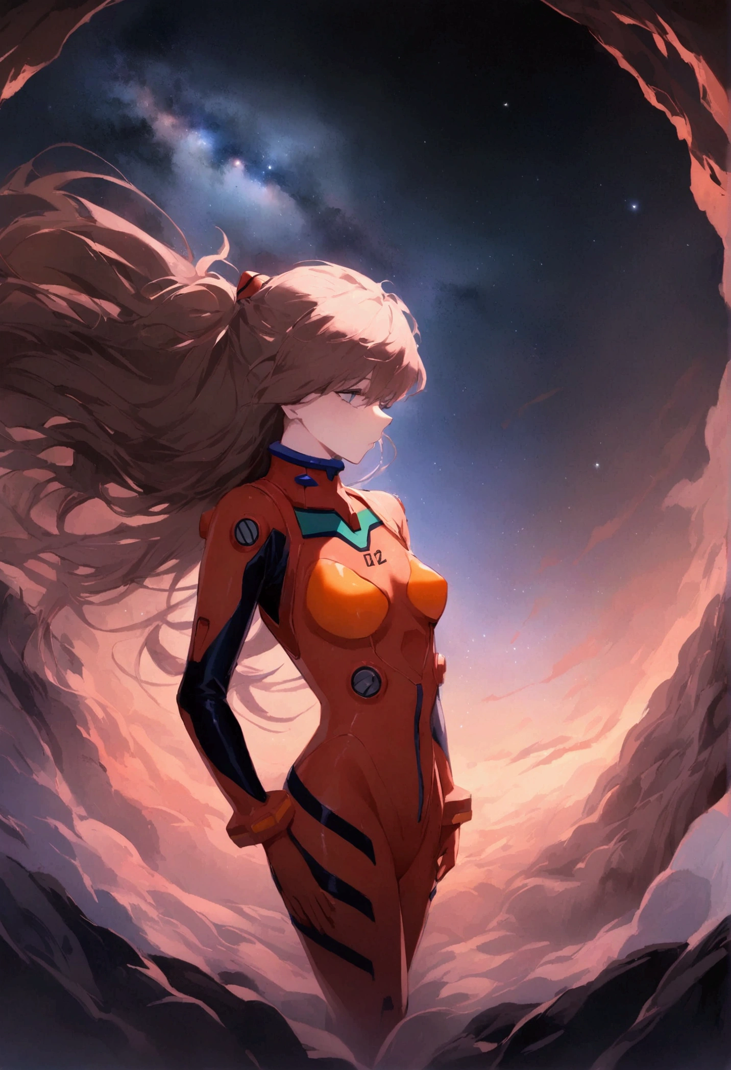 One girl, Alone, Watch the audience, Full Body, standing, Long Hair, asuka Cosplay costume, Cosplay, Red jacket、Plug Suit, Bodysuits, Hair Accessories, View from above, space, floating,Dubrec style，Transparent Person Background，（Multiple Exposure：1.8）Intricate illustration in surreal art style，Surreal dreamscape，