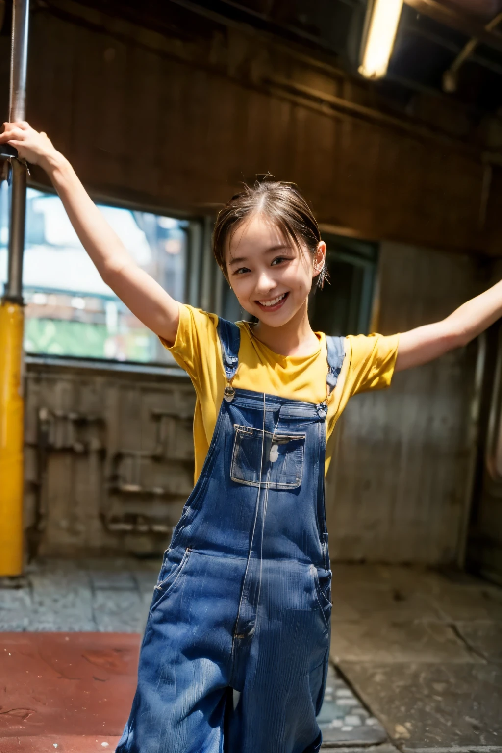 (((Overalls:1.4)))、(8k、RAW Photos、Please redeem、masterpiece:1.2)、(Realistic、Realistic)、1 girl,(Cute face:1.3)、Japanese 1 girl、((Standing on the sidewalk:1.6)),((smile:1.4))、((Hold on to the strap:1.4))、((Raise your arms:1.4))、((Please stretch your arms:1.4))、Small breasts,Perfect Skin,Detail Skin,(pretty girl,short hair,smile:1.7)、((Inside the train:1.4))、((View from below:1.4))