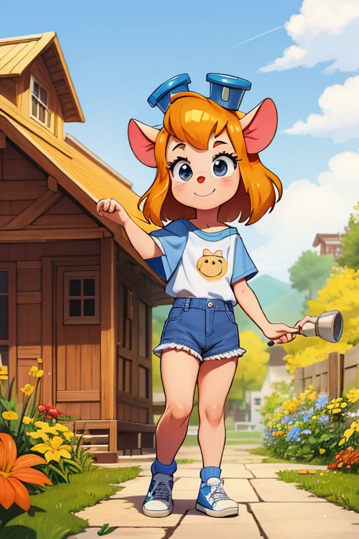 masterpiece，Best Quality，Cute doodles，Very young ，1 person，Cheerful, Honor student,  mouse girl, gadget_hackwrench, gh_clothes, gh_goggles, gh_original，Very short stature，no human ears, Curly Hair,  Vibrant, Curious eyes，Thick eyebrows，Oversized white printed t-shirt，Short denim mini skirt，Off the shoulder，Open Fly，Early Autumn，Sunny days in autumn，sneakers， Flower-like scent, Cat and house play，