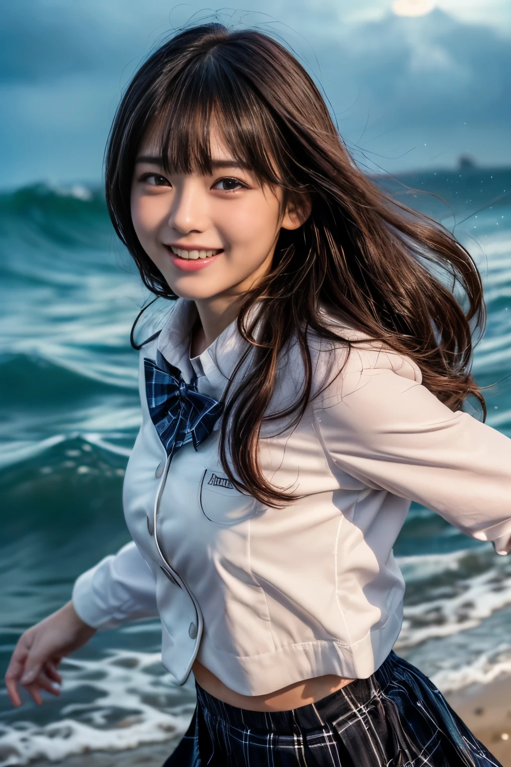 Highest quality,Best Images,Japanese,Big Breasts,Long brown hair,beautiful girl,Sailor suit,smile