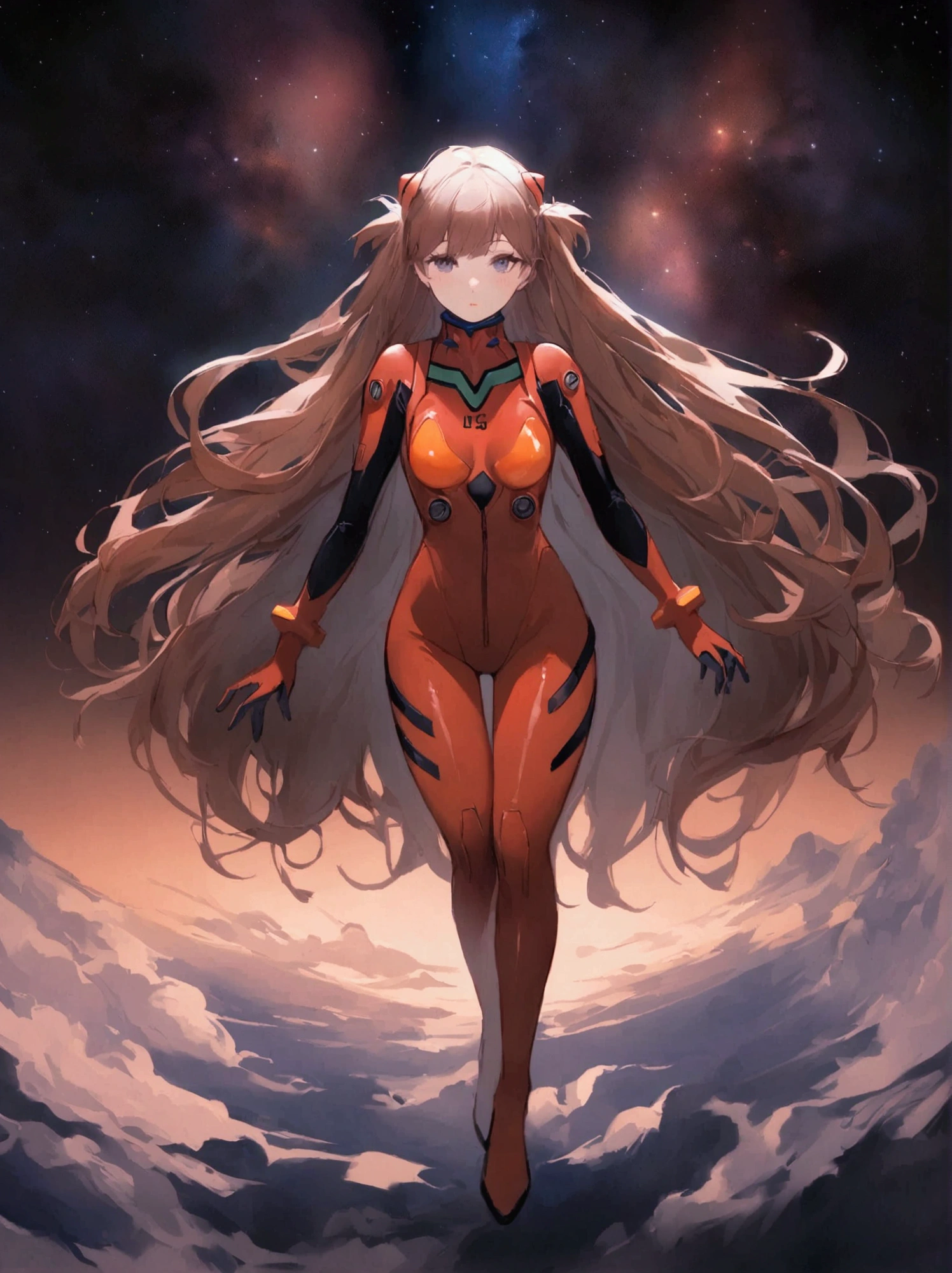 One girl, Alone, Watch the audience, Full Body, standing, Long Hair, asuka Cosplay costume, Cosplay, Red jacket、Plug Suit, Bodysuits, Hair Accessories, View from above, space, floating,Dubrec style，Transparent Person Background，（Multiple Exposure：1.8）Intricate illustration in surreal art style，Surreal dreamscape，