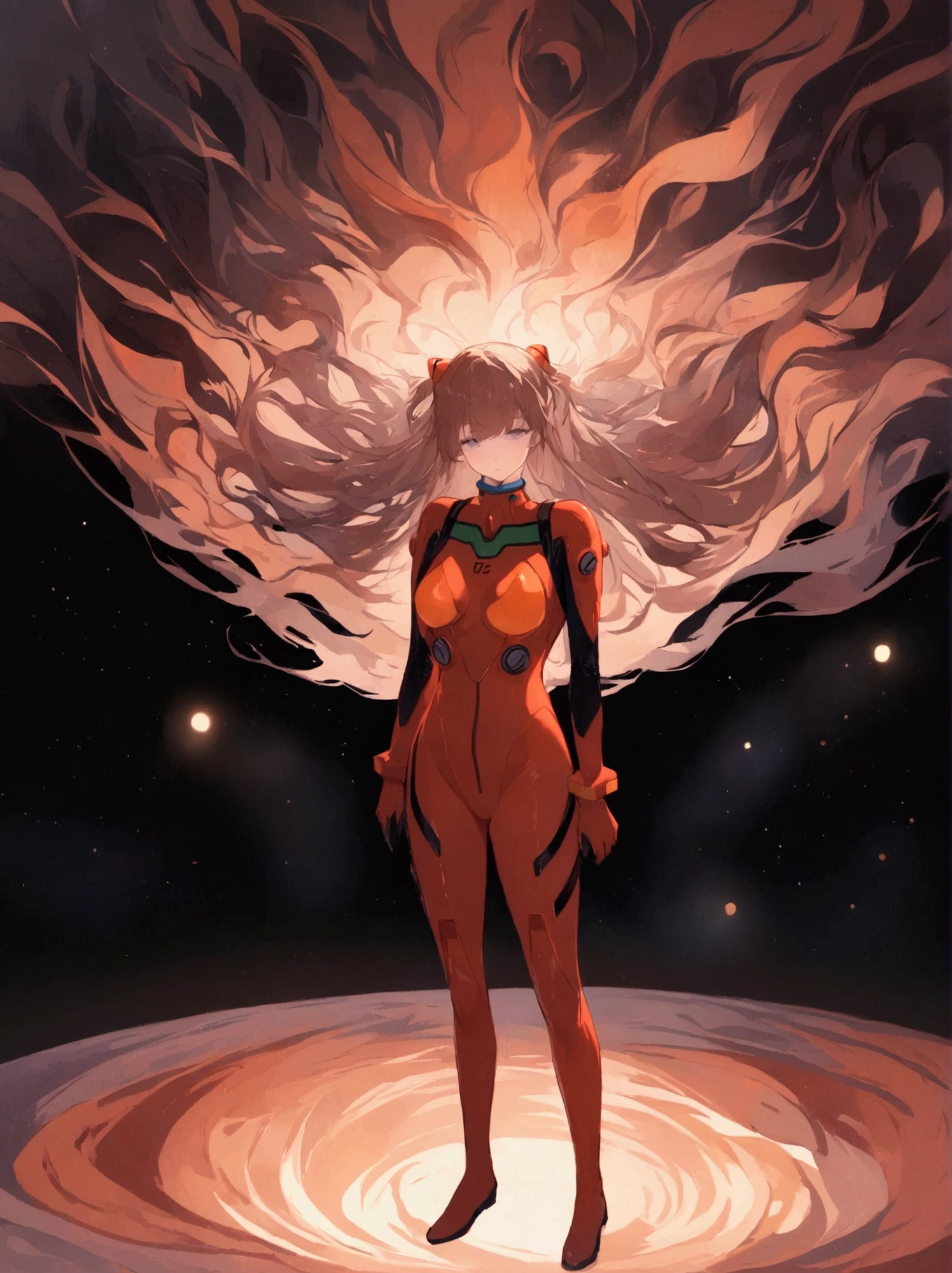 One girl, Alone, Watch the audience, Full Body, standing, Long Hair, asuka Cosplay costume, Cosplay, Red jacket、Plug Suit, Bodysuits, Hair Accessories, View from above, space, floating,Dubrec style，Transparent Person Background，（Multiple Exposure：1.8）Intricate illustration in surreal art style，Surreal dreamscape，