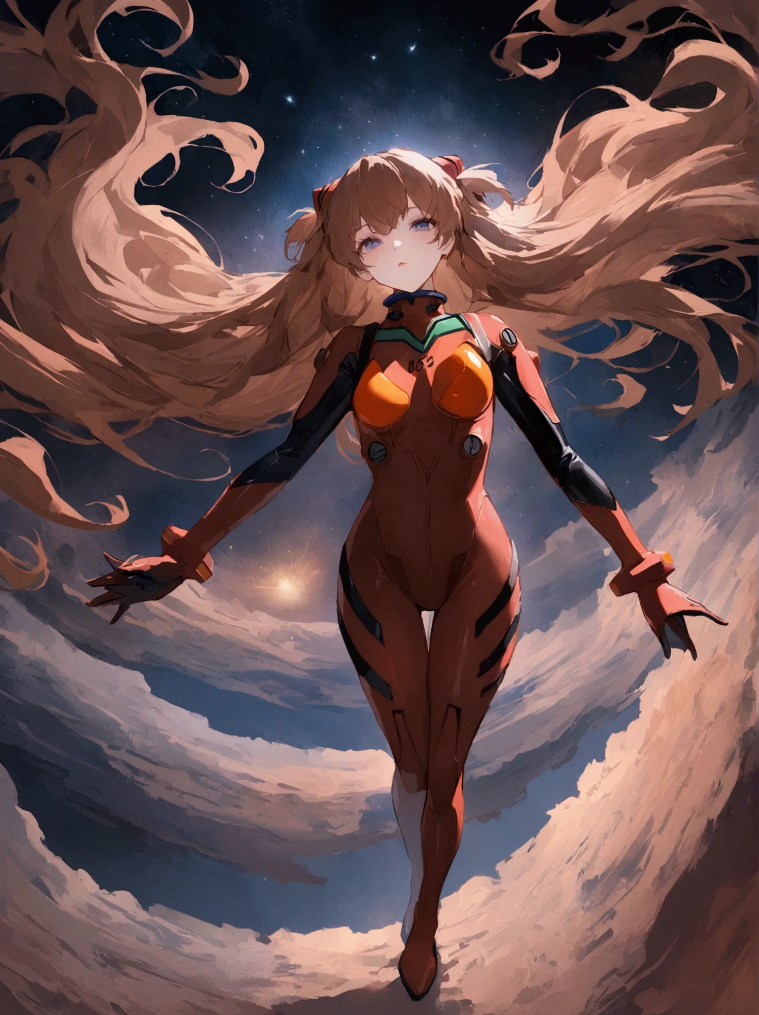 One girl, Alone, Watch the audience, Full Body, standing, Long Hair, asuka Cosplay costume, Cosplay, Red jacket、Plug Suit, Bodysuits, Hair Accessories, View from above, space, floating,Dubrec style，Transparent Person Background，（Multiple Exposure：1.8）Intricate illustration in surreal art style，Surreal dreamscape，