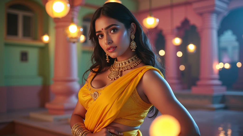 Sexy Indian woman, (Priyanka Chopra:Mindy Kaling:0.6), (Colorful saree: 1.1), exotic beauty, (Detailed facial features:1.2), glowing skin, almond-shaped eyes, (Long wavy hair:1.3), (Golden bangles:1.4), busy street market background, (Ultra-high definition, 4K wallpaper), rich colors, cinematic lighting, vibrant textures, Nikon D750, prime lens, blurred background, warm tones, evocative atmosphere, captivating portrait, soft focus.