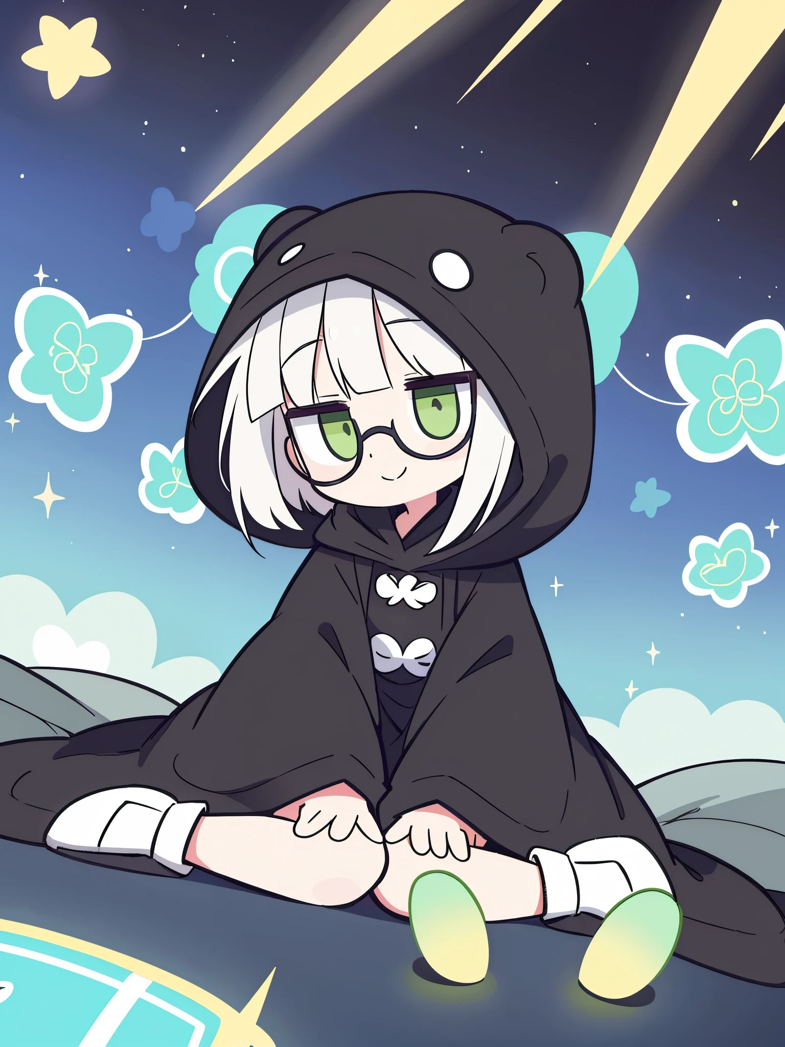 (2D:1.6),black outlines,solo,1girl\(cute,little kid, white skin, pale skin,((wearing ((simple)) black hood\([no ear]\))) , black robe\(hood,beautiful gorgeous white embroidery with many detailed flower pattern\), ((white frilly dress)), (((wearing black glasses))), (((green Jade eyes))), black long boots, white hair, bangs, shoulder length bob hair,sitting,big eyes,full body,smile,colorful,dynamic pose\) ,((1teddy bear)), background\(beautiful flowers,beautiful cosmic,\),(dynamic angle:1.6),, BREAK ,quality\(8k,wallpaper of extremely detailed CG unit, high resolution, top-quality, top-quality real texture skin, hyper realistic, increase the resolution, RAW photos, best quality, highly detailed, the wallpaper,golden ratio,high saturation realism, vibrant colors, dramatic lighting, persuasive storytelling, atmospheric scenery, captivating visuals, intricate details, strong emotions,dreamlike world\),