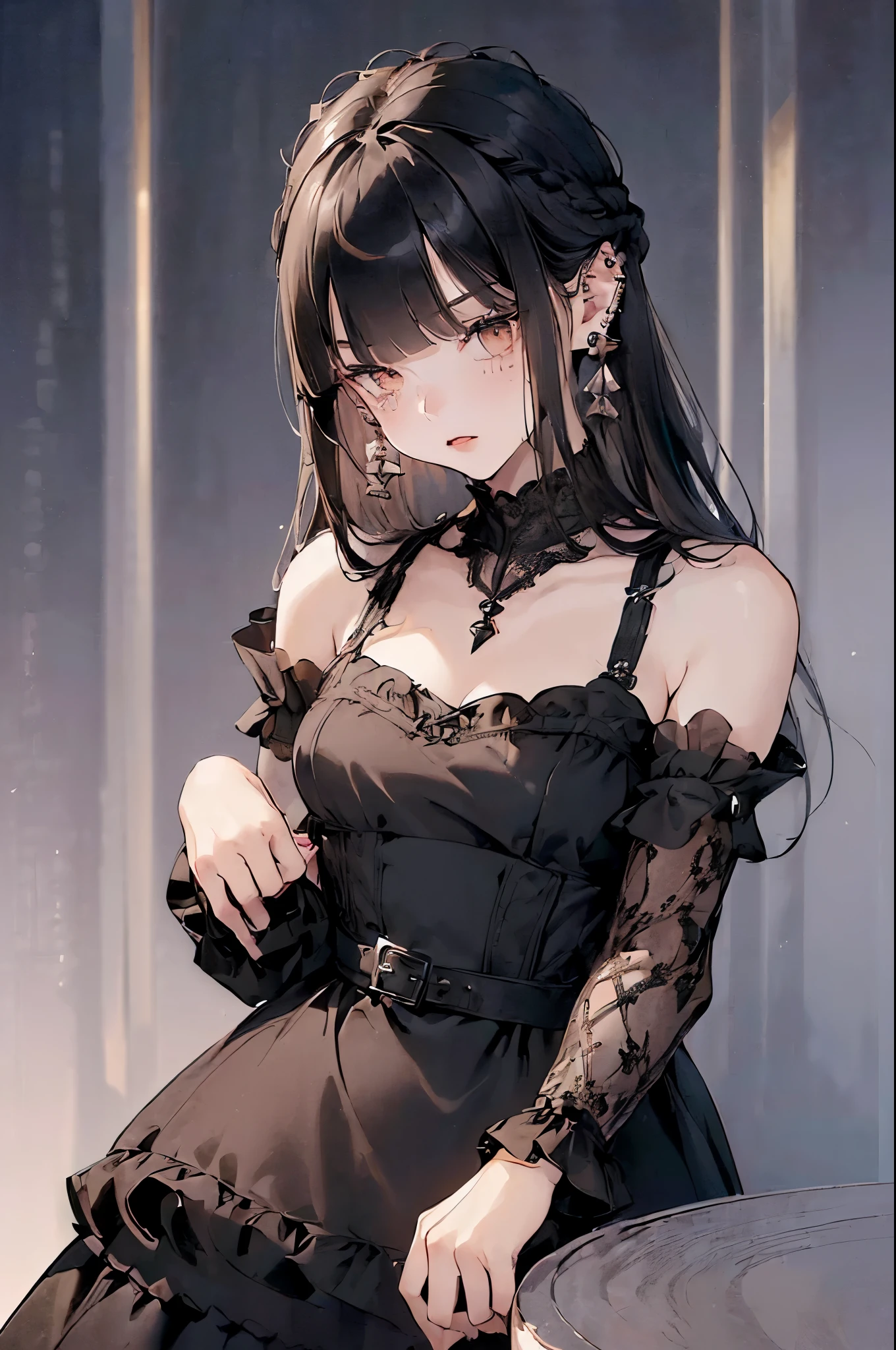 High resolution, Ultra-detailed, Highly detailed CG Unity 8k wallpaper, Realistic, Photorealistic, RAW Photos, Beautifully detailed face, Pale skin, Realistic glowing skin, Detailed cloth texture, Detailed hair texture, Perfect body, Beautiful Face, Accurate, Anatomically correct, Highly detailed face and skin texture, Natural neck length, (Beautiful Hands:1.2), break, 1_beautiful_girl, 16years_old, sleeveless dress, long_boots, black_hair, ponytail, bangs, Very_beautiful_face, looking_at_viewer, very_beautiful_eyes, black_eyes, even_eyes, , (smile:1.1), glamor,