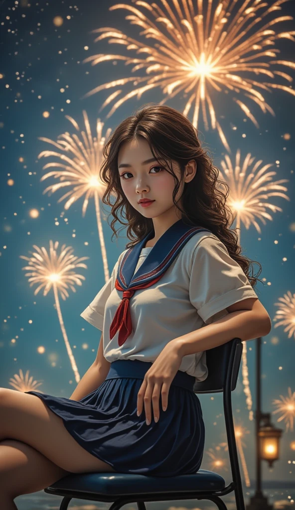 looking at viewer,(from side:1.2),( head tilt:1.65),(leaning_back:1.25),full body,Fireworks,starry sky ,long wavy curly hair,serafuku,jk face leg,sitting on chair,
