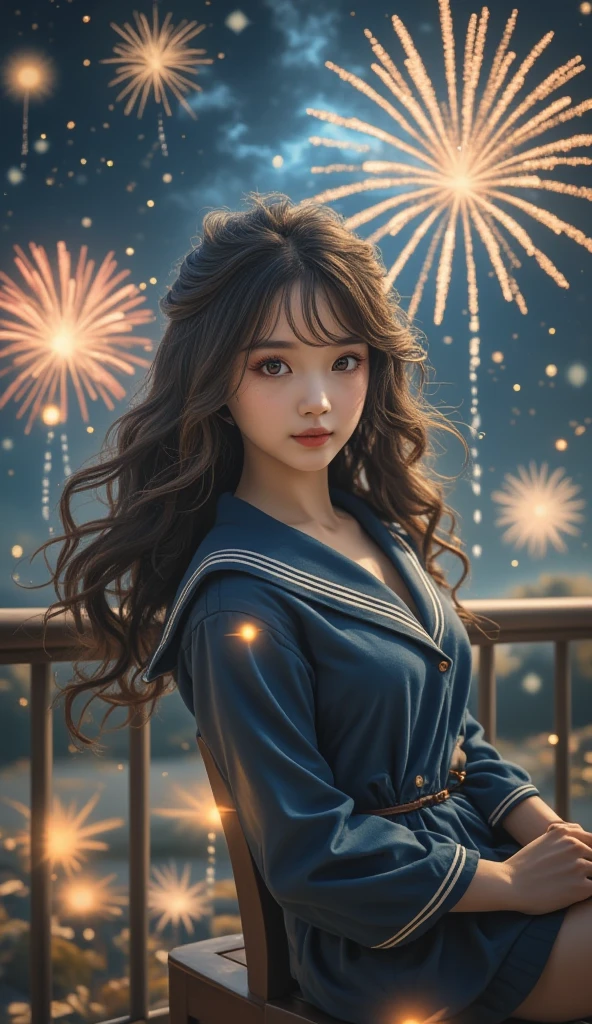 looking at viewer,(from side:1.2),( head tilt:1.65),(leaning_back:1.25),full body,Fireworks,starry sky ,long wavy curly hair,serafuku,jk face leg,sitting on chair,
