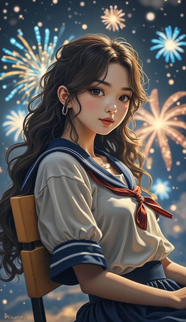 looking at viewer,(from side:1.2),( head tilt:1.65),(leaning_back:1.25),full body,Fireworks,starry sky ,long wavy curly hair,serafuku,jk face leg,sitting on chair,
