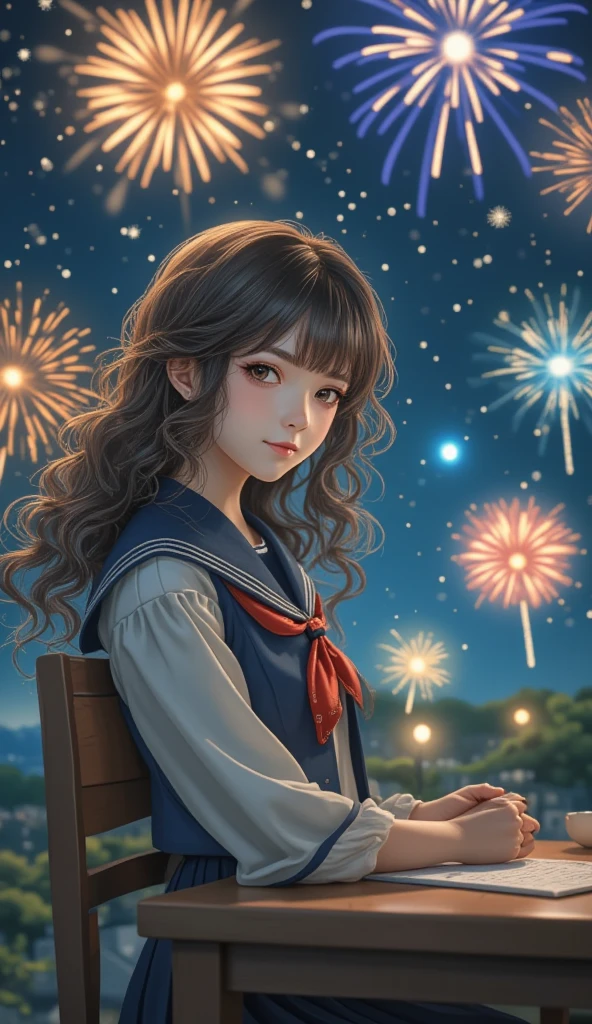 looking at viewer,(from side:1.2),( head tilt:1.65),(leaning_back:1.25),full body,Fireworks,starry sky ,long wavy curly hair,serafuku,jk face leg,sitting on chair,
