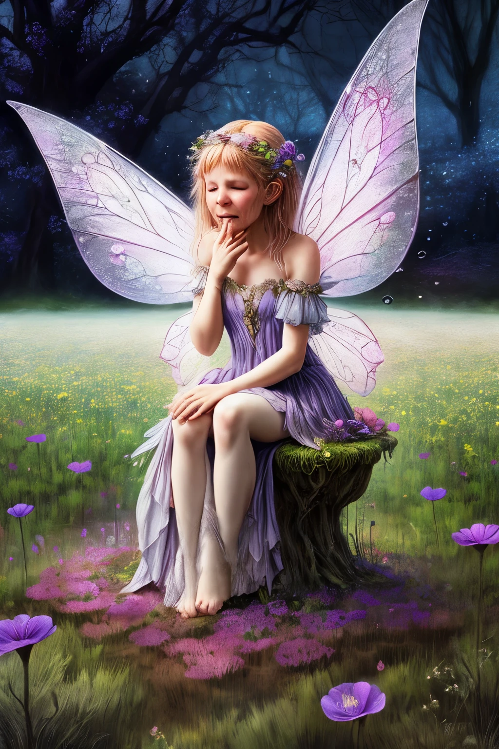 A close up of a woman sitting on a tree stump in a field of flowers ...