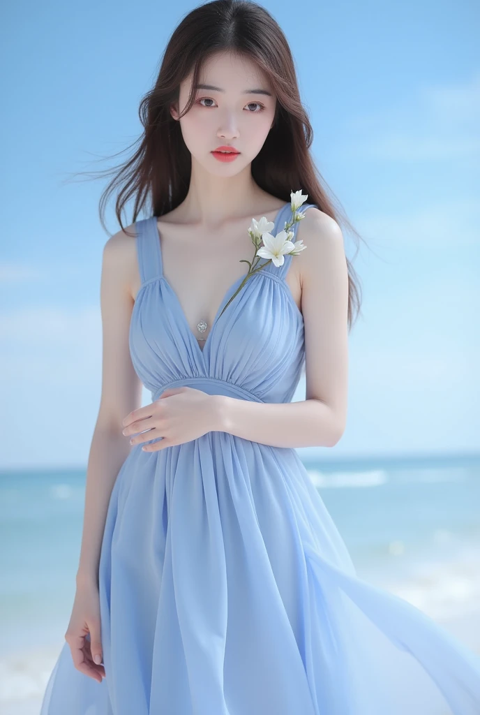 a medium-sized Asian woman with long brown hair, wearing a light blue sleeveless dress adorned with a white flower on the left side of her dress.The backdrop is a soft blue sky, creating a stark contrast to the woman's outfit.