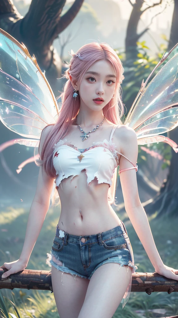 (((best quality))), (((Detailed details))), (((masterpiece))), illustration,((1 beautiful ,alone,fairy Girl)),((White skin)),((Shoulder length straight pink hair,blue eyes)),(earring,crystal necklace),((thin,thin,Small breasts)),Cheerful face,((fairy white Wings:1.3)),((In the hell)),(hello:1.3),Fire blazes all around, Strong wind, Fire from Hell),((navel)),((From front,stand,Upper part, arm)),((Navel piercing)),MSFW, ((เรืองแสง)), ((fire power)),ลัทธิเรืองแสง,((pussy tattoo),((dragon tattoo)),((lghtning body)),((torn clothes)), ((Squirting))