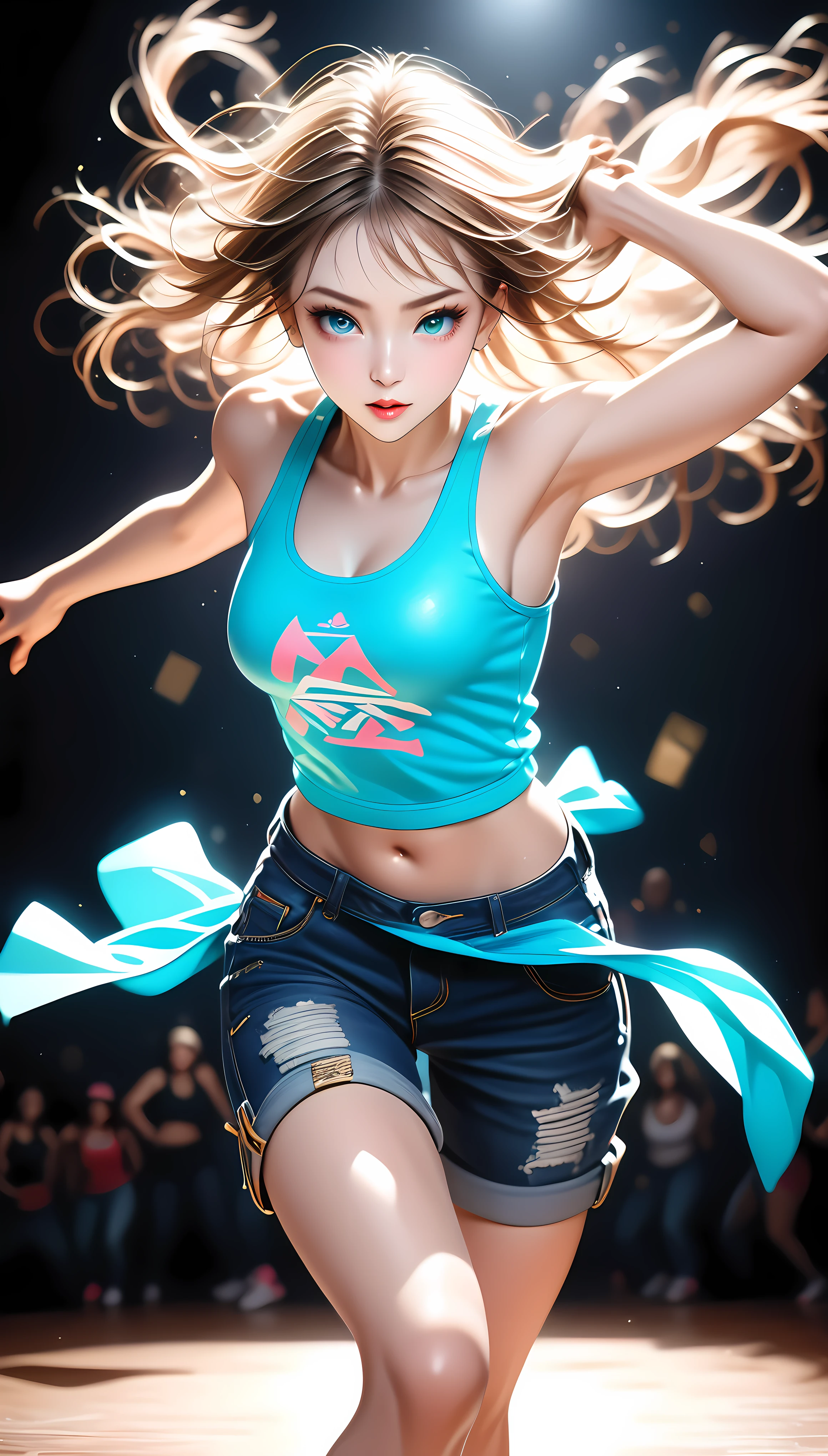 Generate an image of a blonde woman wearing flashy yellow clothes and holding maracas while dancing. Set her in a vibrant and energetic performance setting, such as a lively stage with colorful lights and cheering audience, or a festive event with music and dancing. Capture the charisma and excitement of her performance, showcasing her passion for entertaining and engaging with the crowd. Enhance the image with elements that symbolize entertainment and energy, creating a visually captivating and dynamic scene.