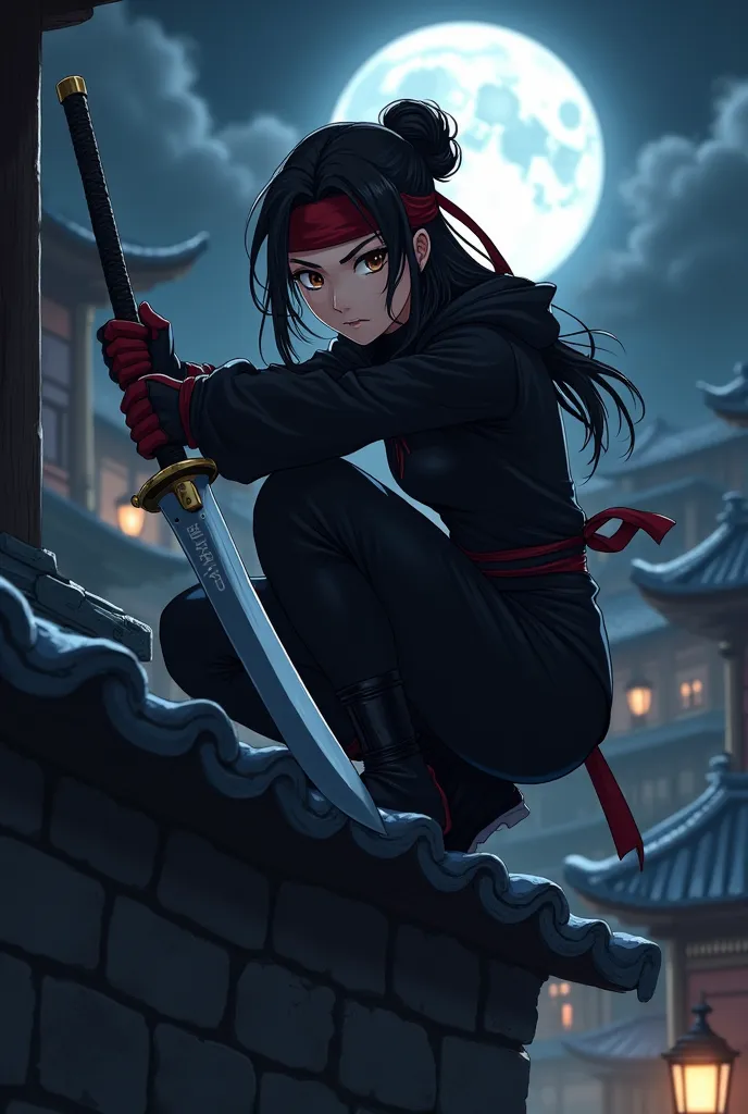 a stylish anime illustration of a female ninja crouches on the edge of a stone wall, her sharp eyes gleaming as the full moon ba...