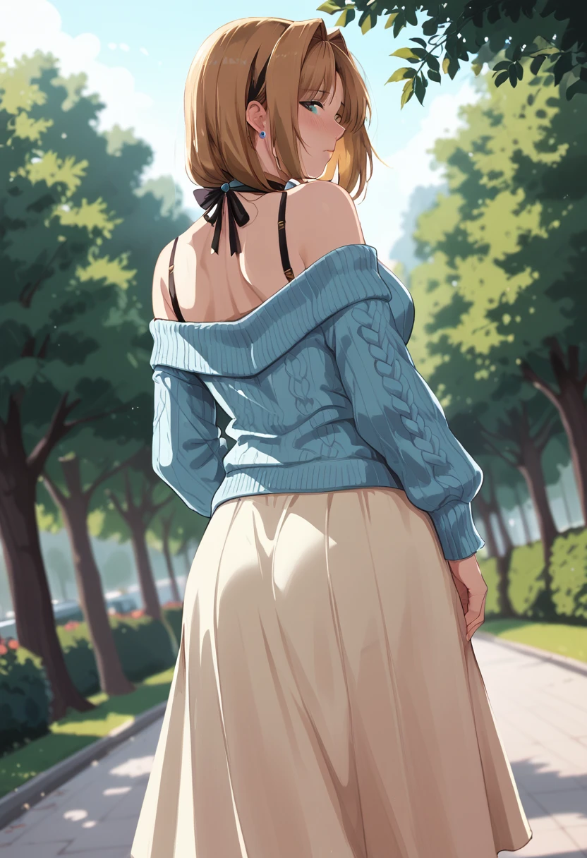 (takamori haruka:1.0), 1 girl, score_9, score_8_up, score_7_up, score_6_up, ((12k,Masterpiece)), Very detailed, clothes reflecting light ,(mature female, motherly, medium breasts:1.0),Outdoor,Park,(off shoulder sweater )、 blushing,black long skirt,(look away a little:0.99),(back angle:1.2),