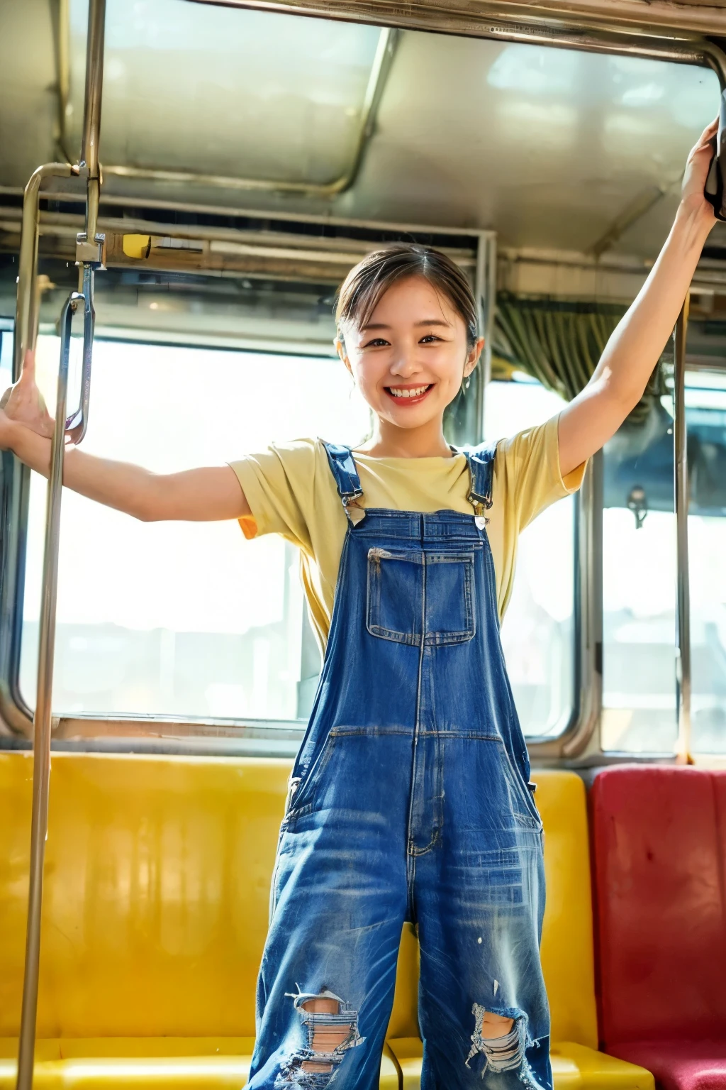 (((Overalls:1.4)))、((Perfect Anatomy:1.4))、(8k、RAW Photos、Please redeem、masterpiece:1.2)、(Realistic、Realistic)、1 girl,(Cute face:1.3)、Japanese 1 girl、((smile:1.4))、((Hold on to the strap:1.4))、((Raise your arms:1.4))、Small breasts,Perfect Skin,Detail Skin,(pretty girl,short hair,smile:1.7)、((Inside the train:1.4))、((Outside the train window is a residential area:1.4))、((View from below:1.4))