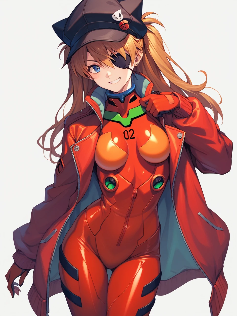 (masterpiece, Best Quality, detailed), One Girl, Simple Background、Cowboy Shot,
Soryu Asuka Langley, Red jacket, underwear bodysuit,Cat hat, Eye patch,  (tape)  smile