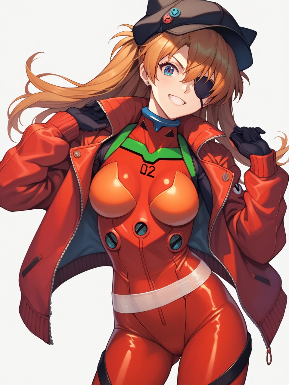 (masterpiece, Best Quality, detailed), One Girl, Simple Background、Cowboy Shot,
Soryu Asuka Langley, Red jacket, underwear bodysuit,Cat hat, Eye patch,  (tape)  smile