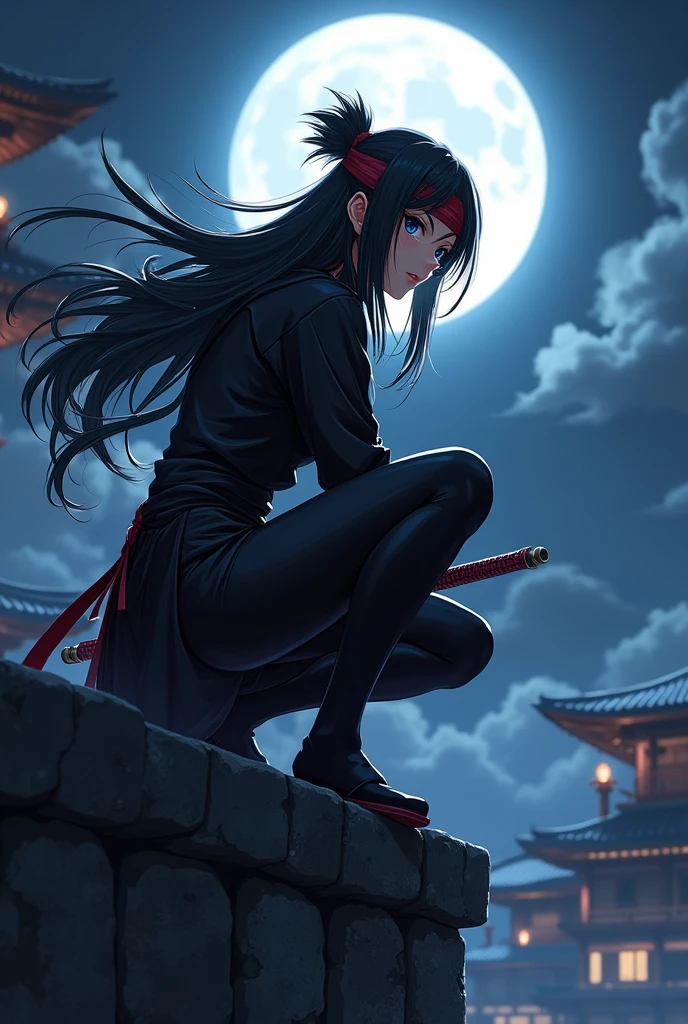 A stylish anime illustration of a sexy female ninja crouches on the edge of a stone wall, her sharp eyes gleaming as the full moon bathes her face in soft, silver light. Her black ninja outfit melds seamlessly with the shadows, while a dark red headband stands out, adding a hint of color against the night. Every muscle is tense yet fluid, reflecting her grace and lethal skill. She is holding a kunai. The setting is feudal Japan, with ancient wooden buildings and curved rooftops faintly visible in the moonlit background. The moonlight glistens on her weapons, illuminating her poised stance, ready to strike. The air hums with suspense, as the serene yet dangerous night envelopes her in mystery.