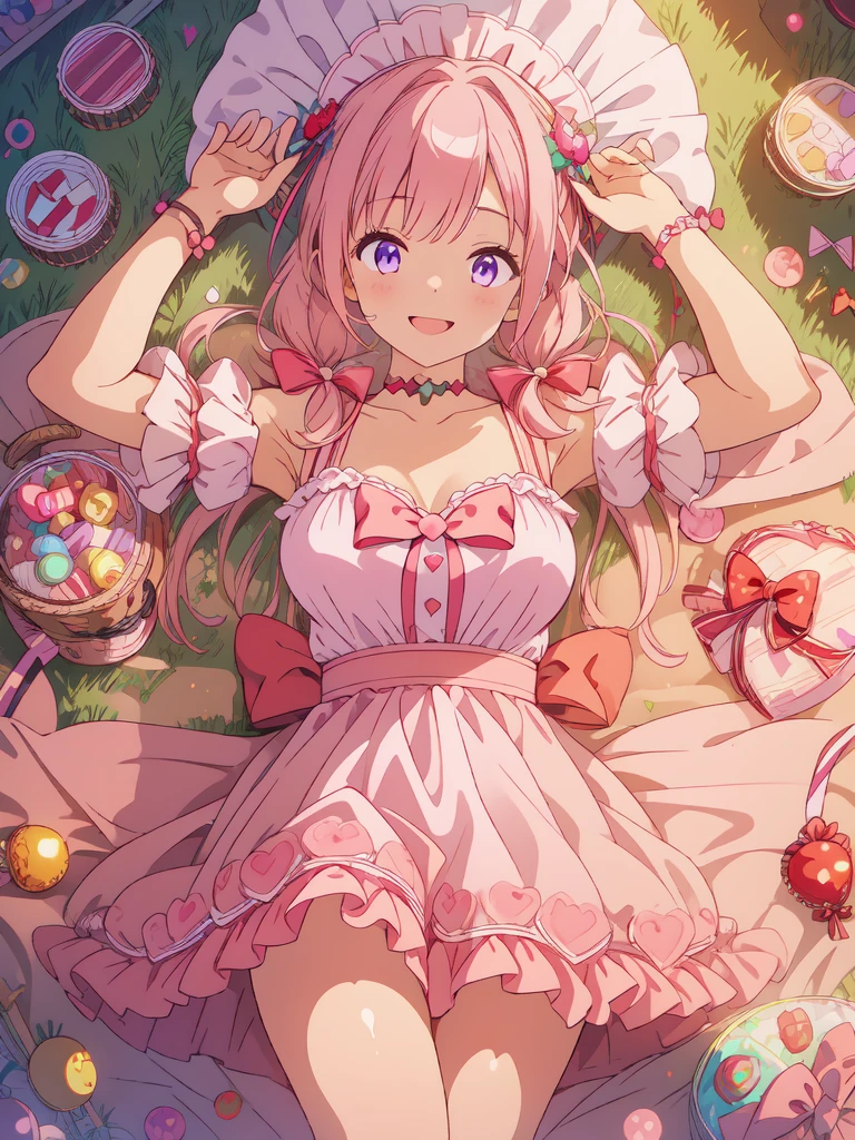 ((8k, Highest quality, masterpiece: 1.3)),Ultra-high resolution,(1 girl, alone), Highly detailed eyes, Highly detailed face, pink Hair, twintails on shoulder, playful bow in soft pink. Her eyes are dark purple, wearing a white shirts and pink dress with red ribbon, Looking at viewer, Light Smile, whole body, arms are hehind her body, looking above, Breasts, many heart shaped hole on her costume, old library background
scepter, lots of candy, gumdrops, candycanes, a rainbow, candy, (a field of candy), 1girl